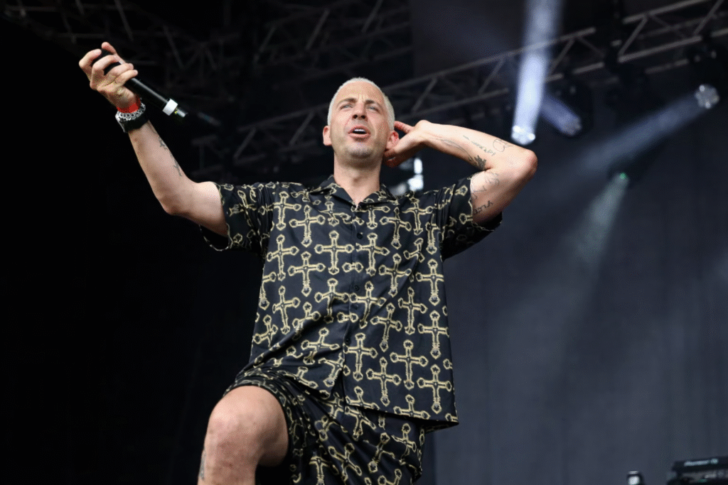 Intense performer under stage lights